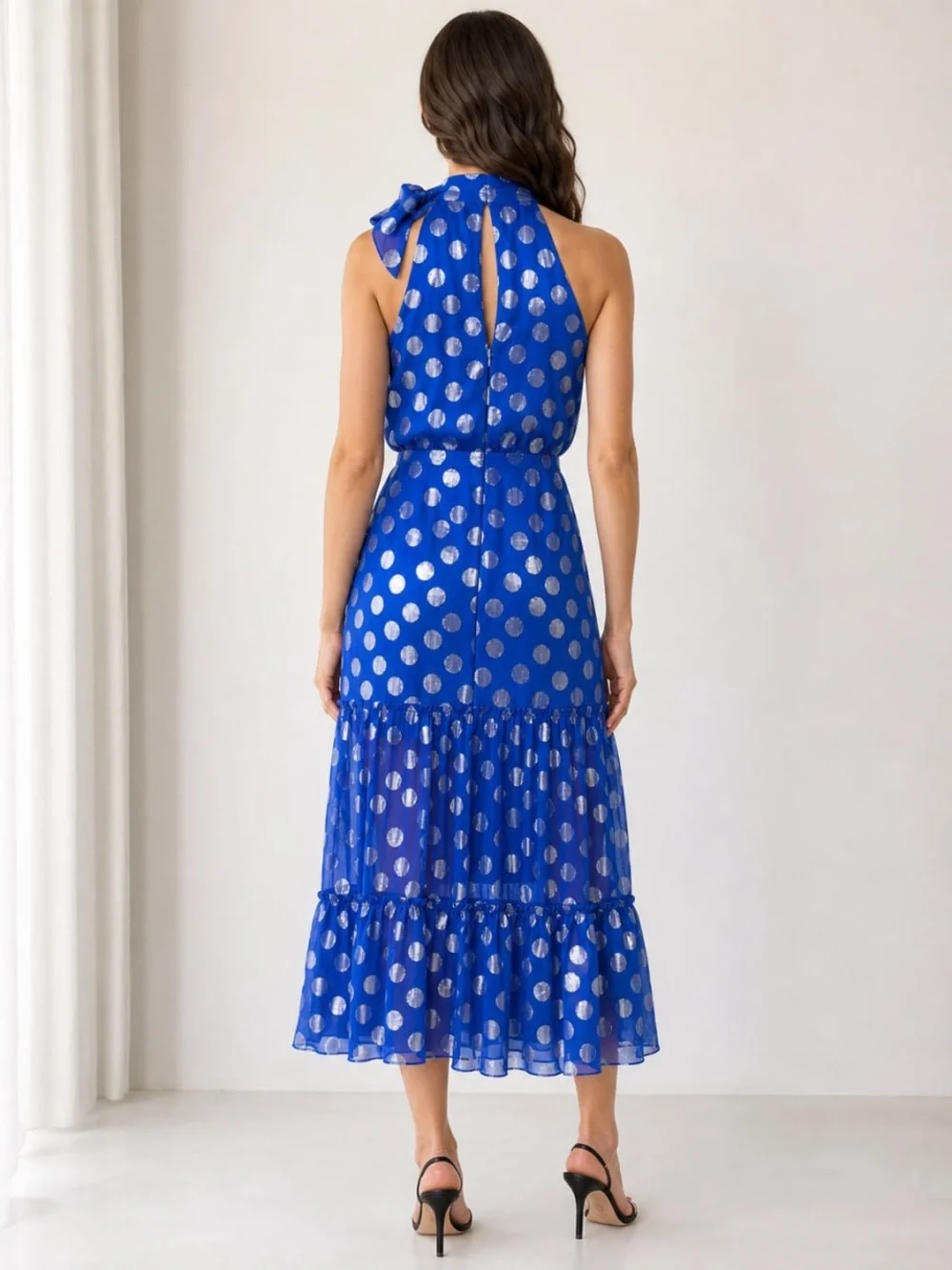 RIXO Royal Blue Halter Maxi Dress with Silver accents size small - Picture 2 of 12